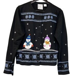Michael Simon Vintage‎ Holiday Snowman Cardigan Black Long Sleeve Cottage Large